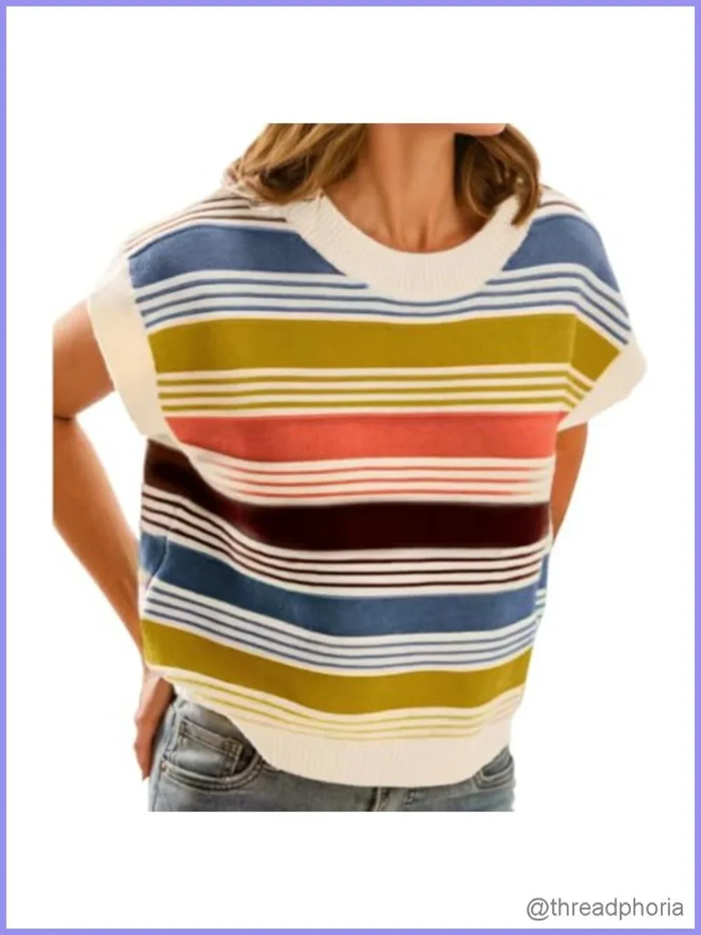 Womens Knit Sweater Vest Crew Neck Cap Sleeve Striped Loose Casual Pullover